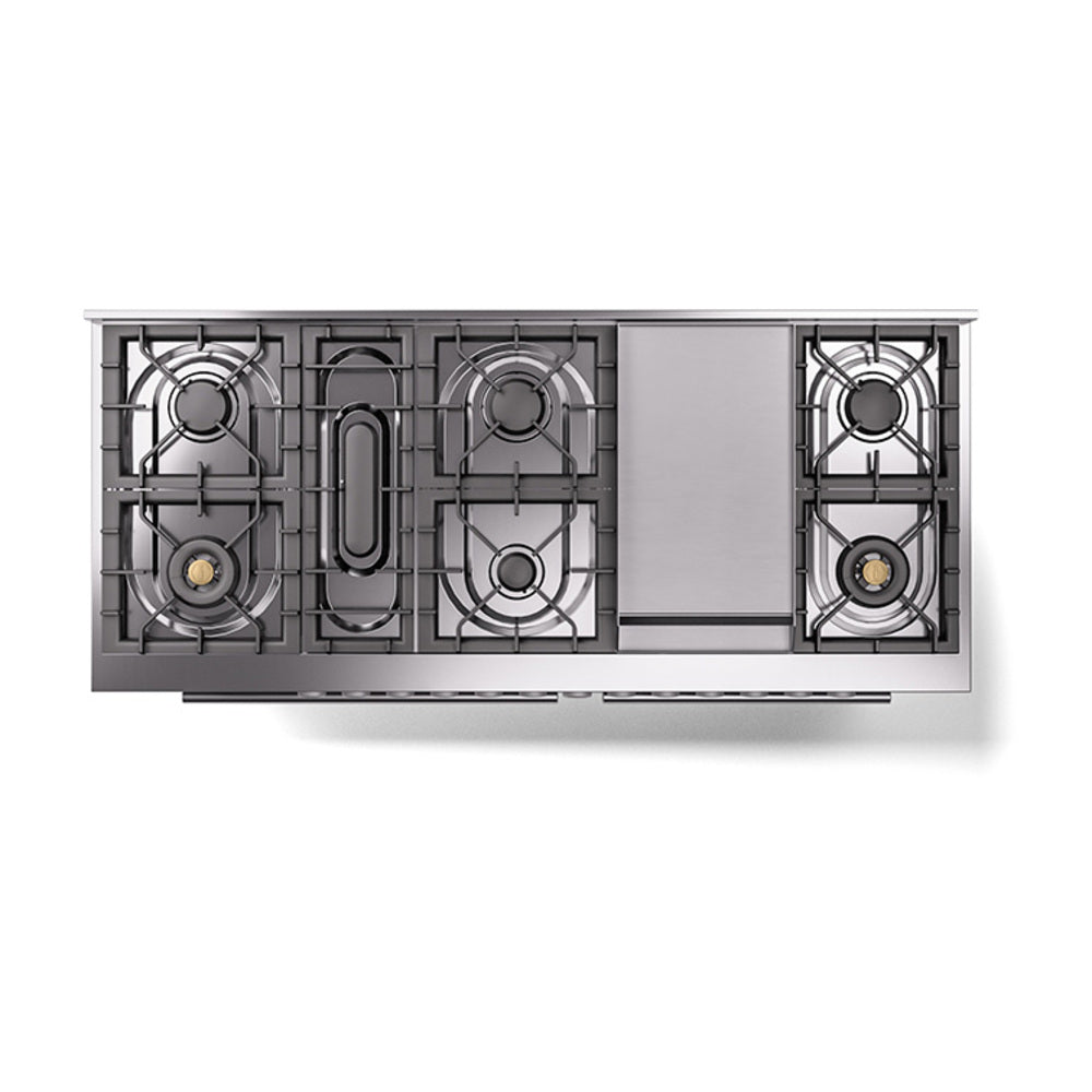 ILVE 60-inch Professional Plus II Natural Gas Dual Fuel Range with 9 Burners, Griddle, and Solid Door Oven in Stainless Steel (UP60FQMPSS)