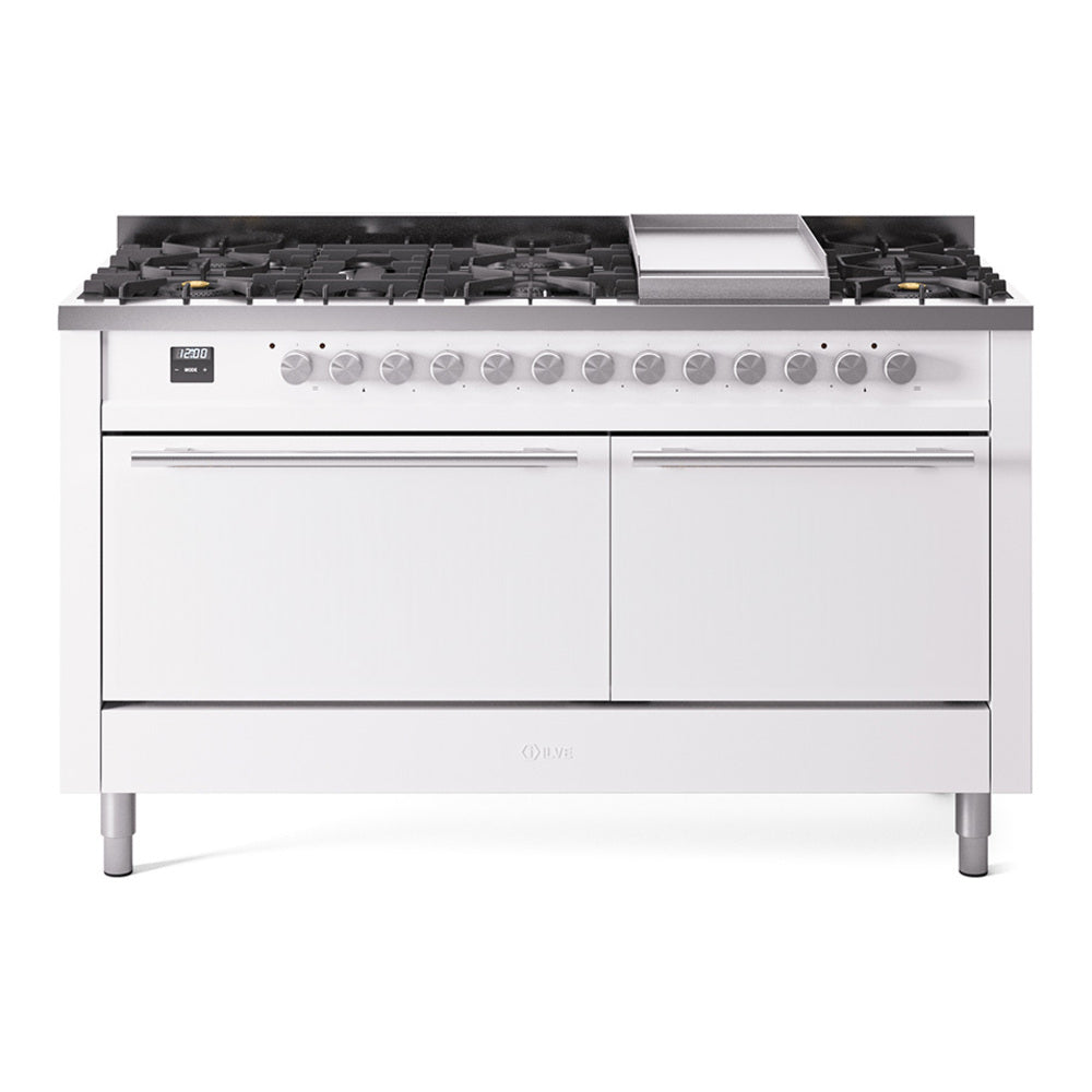 ILVE 60-inch Professional Plus II Natural Gas Dual Fuel Range with 9 Burners, Griddle, and Solid Door Oven in White (UP60FQMPWH)