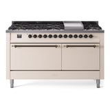 ILVE 60-Inch Nostalgie II Natural Gas Dual Fuel Range with 9 Burners, Griddle and Solid Door Oven in Antique White with Bronze Trim (UP60FQNMPAWB)