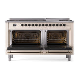 ILVE 60-Inch Nostalgie II Natural Gas Dual Fuel Range with 9 Burners, Griddle and Solid Door Oven in Antique White with Bronze Trim (UP60FQNMPAWB)