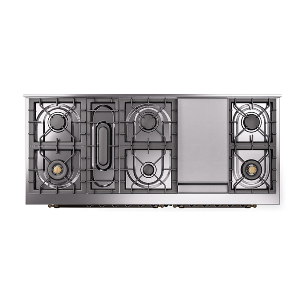 ILVE 60-Inch Nostalgie II Natural Gas Dual Fuel Range with 9 Burners, Griddle and Solid Door Oven in Antique White with Bronze Trim (UP60FQNMPAWB)