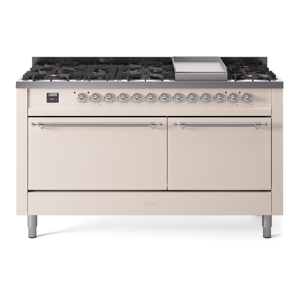 ILVE 60-Inch Nostalgie II Natural Gas Dual Fuel Range with 9 Burners, Griddle and Solid Door Oven in Antique White with Chrome Trim (UP60FQNMPAWC)