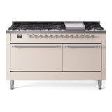 ILVE 60-Inch Nostalgie II Natural Gas Dual Fuel Range with 9 Burners, Griddle and Solid Door Oven in Antique White with Chrome Trim (UP60FQNMPAWC)