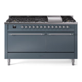 ILVE 60-Inch Nostalgie II Natural Gas Dual Fuel Range with 9 Burners, Griddle and Solid Door Oven in Blue Grey with Chrome Trim (UP60FQNMPBGC)