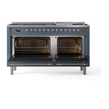 ILVE 60-Inch Nostalgie II Propane Gas Dual Fuel Range with 9 Burners, Griddle and Solid Door Oven in Blue Grey with Chrome Trim (UP60FQNMPBGCLP)