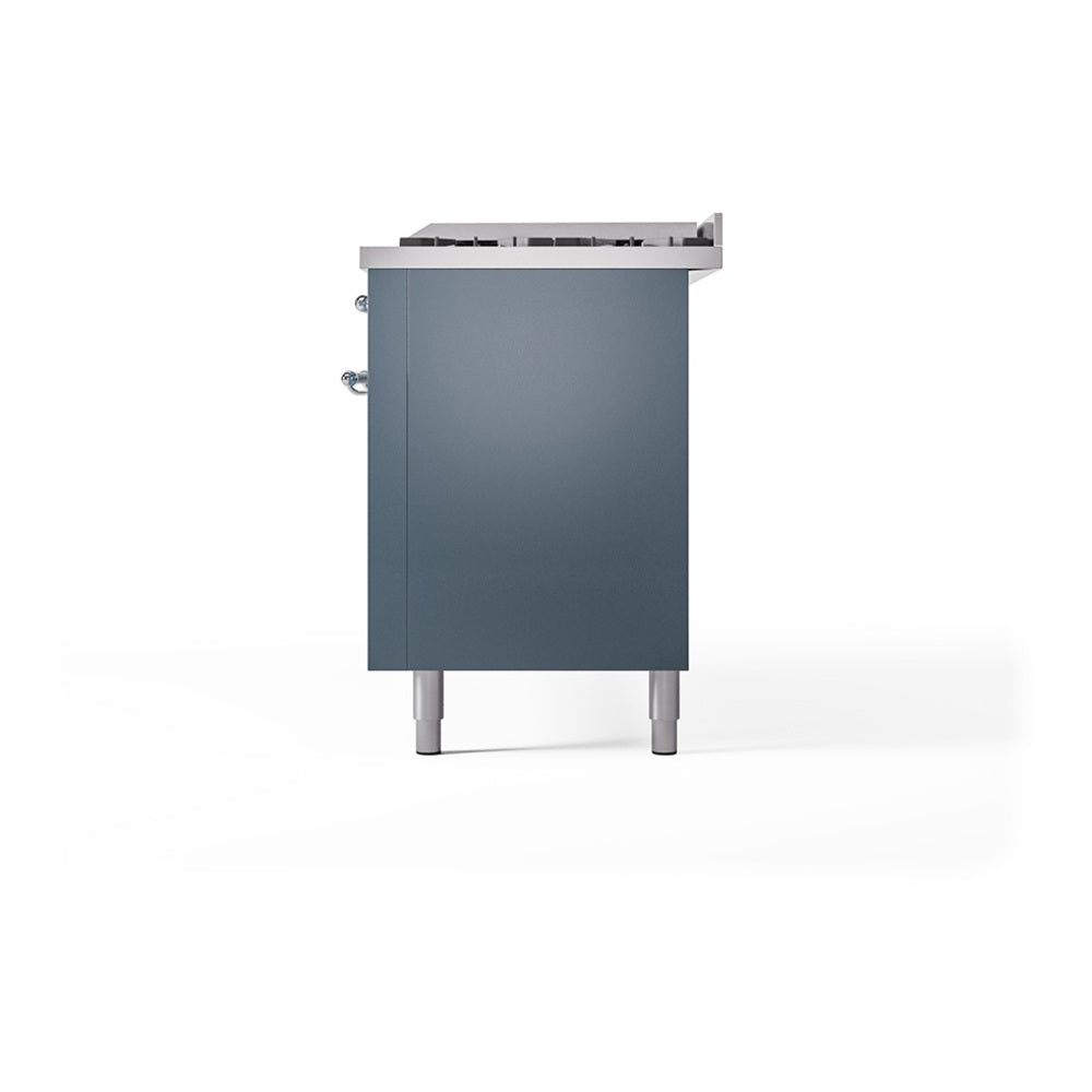 ILVE 60-Inch Nostalgie II Natural Gas Dual Fuel Range with 9 Burners, Griddle and Solid Door Oven in Blue Grey with Chrome Trim (UP60FQNMPBGC)
