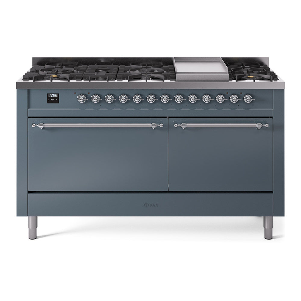 ILVE 60-Inch Nostalgie II Propane Gas Dual Fuel Range with 9 Burners, Griddle and Solid Door Oven in Blue Grey with Chrome Trim (UP60FQNMPBGCLP)