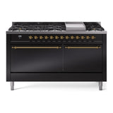 ILVE 60-Inch Nostalgie II Natural Gas Dual Fuel Range with 9 Burners, Griddle and Solid Door Oven in Glossy Black with Brass Trim (UP60FQNMPBKG)