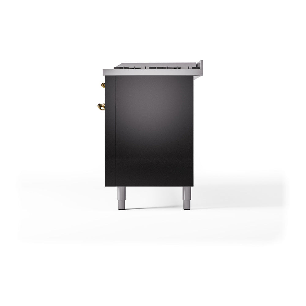 ILVE 60-Inch Nostalgie II Natural Gas Dual Fuel Range with 9 Burners, Griddle and Solid Door Oven in Glossy Black with Brass Trim (UP60FQNMPBKG)