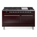 ILVE 60-Inch Nostalgie II Natural Gas Dual Fuel Range with 9 Burners, Griddle and Solid Door Oven in Burgundy with Chrome Trim (UP60FQNMPBUC)
