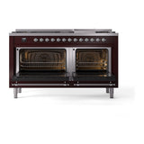ILVE 60-Inch Nostalgie II Natural Gas Dual Fuel Range with 9 Burners, Griddle and Solid Door Oven in Burgundy with Chrome Trim (UP60FQNMPBUC)
