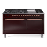 ILVE 60-Inch Nostalgie II Propane Gas Dual Fuel Range with 9 Burners, Griddle and Solid Door Oven in Burgundy with Copper Trim (UP60FQNMPBUPLP)