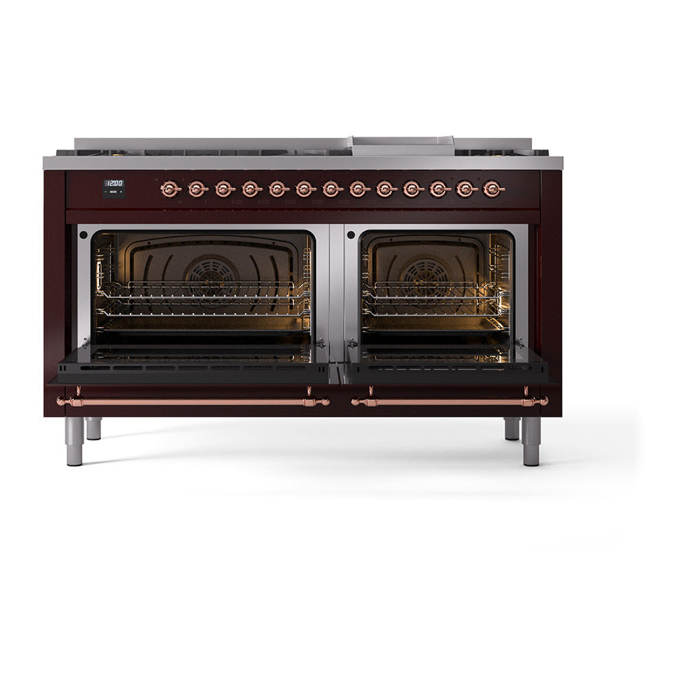 ILVE 60-Inch Nostalgie II Natural Gas Dual Fuel Range with 9 Burners, Griddle and Solid Door Oven in Burgundy with Copper Trim (UP60FQNMPBUP)