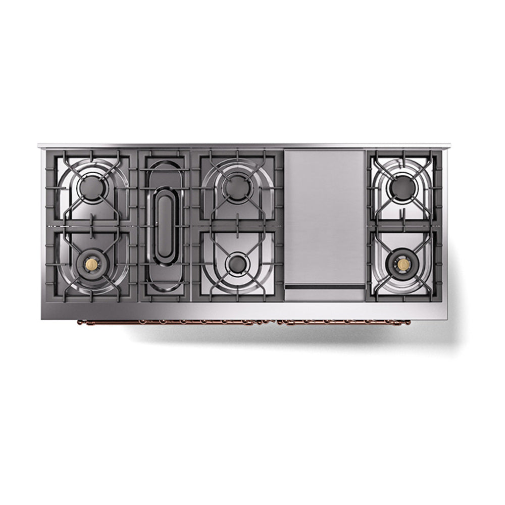 ILVE 60-Inch Nostalgie II Propane Gas Dual Fuel Range with 9 Burners, Griddle and Solid Door Oven in Burgundy with Copper Trim (UP60FQNMPBUPLP)