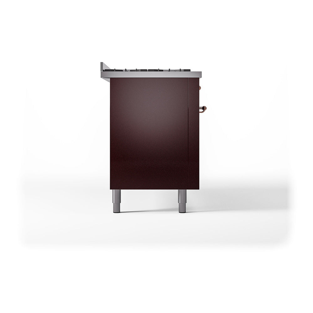 ILVE 60-Inch Nostalgie II Natural Gas Dual Fuel Range with 9 Burners, Griddle and Solid Door Oven in Burgundy with Copper Trim (UP60FQNMPBUP)