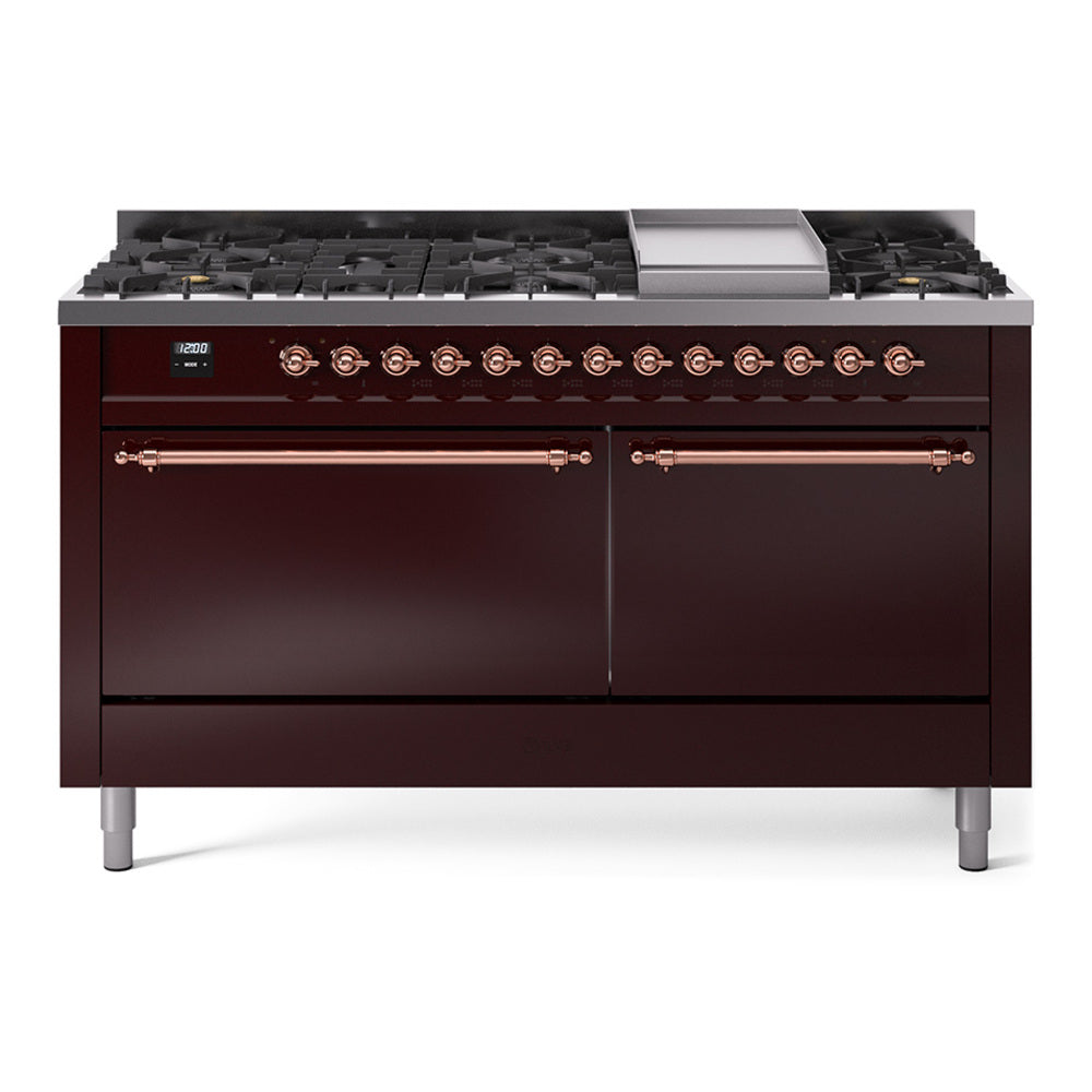 ILVE 60-Inch Nostalgie II Natural Gas Dual Fuel Range with 9 Burners, Griddle and Solid Door Oven in Burgundy with Copper Trim (UP60FQNMPBUP)