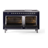 ILVE 60-Inch Nostalgie II Propane Gas Dual Fuel Range with 9 Burners, Griddle, and Solid Door Oven in Midnight Blue with Chrome Trim (UP60FQNMPMBCLP)