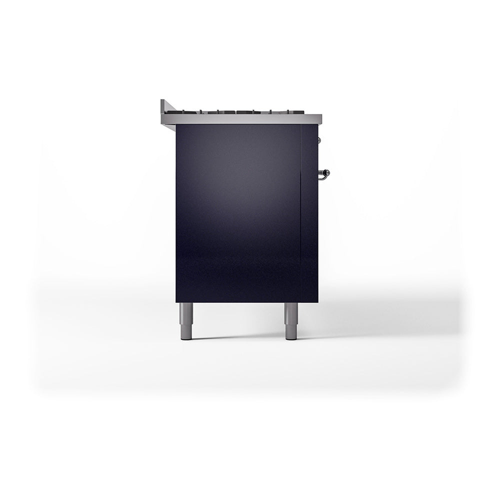 ILVE 60-Inch Nostalgie II Propane Gas Dual Fuel Range with 9 Burners, Griddle, and Solid Door Oven in Midnight Blue with Chrome Trim (UP60FQNMPMBCLP)