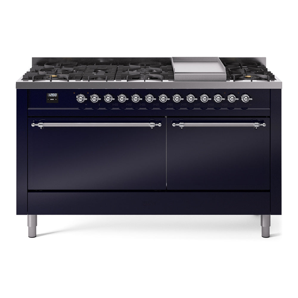 ILVE 60-Inch Nostalgie II Propane Gas Dual Fuel Range with 9 Burners, Griddle, and Solid Door Oven in Midnight Blue with Chrome Trim (UP60FQNMPMBCLP)