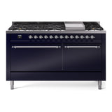 ILVE 60-Inch Nostalgie II Propane Gas Dual Fuel Range with 9 Burners, Griddle, and Solid Door Oven in Midnight Blue with Chrome Trim (UP60FQNMPMBCLP)