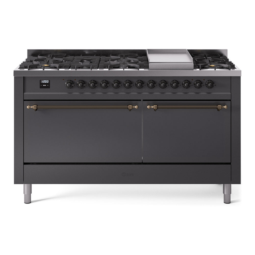 ILVE 60-Inch Nostalgie II Propane Gas Dual Fuel Range with 9 Burners, Griddle, and Solid Door Oven in Matte Graphite with Bronze Trim (UP60FQNMPMGBLP)