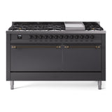 ILVE 60-Inch Nostalgie II Propane Gas Dual Fuel Range with 9 Burners, Griddle, and Solid Door Oven in Matte Graphite with Bronze Trim (UP60FQNMPMGBLP)