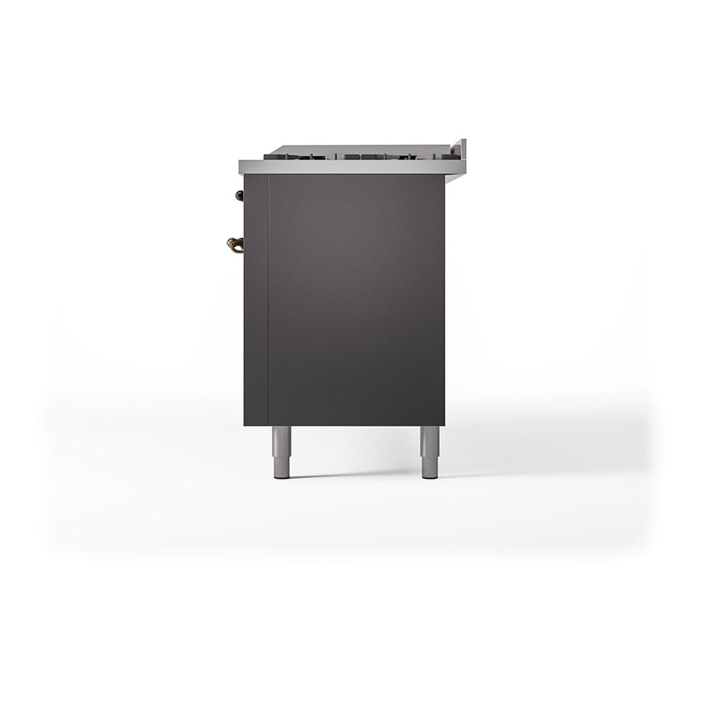 ILVE 60-Inch Nostalgie II Propane Gas Dual Fuel Range with 9 Burners, Griddle, and Solid Door Oven in Matte Graphite with Bronze Trim (UP60FQNMPMGBLP)