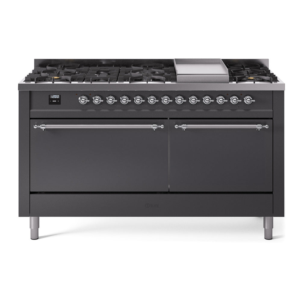 ILVE 60-Inch Nostalgie II Propane Gas Dual Fuel Range with 9 Burners, Griddle, and Solid Door Oven in Matte Graphite with Chrome Trim (UP60FQNMPMGCLP)