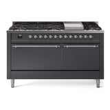 ILVE 60-Inch Nostalgie II Propane Gas Dual Fuel Range with 9 Burners, Griddle, and Solid Door Oven in Matte Graphite with Chrome Trim (UP60FQNMPMGCLP)
