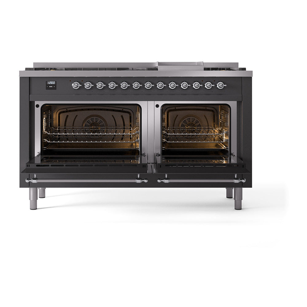 ILVE 60-Inch Nostalgie II Propane Gas Dual Fuel Range with 9 Burners, Griddle, and Solid Door Oven in Matte Graphite with Chrome Trim (UP60FQNMPMGCLP)