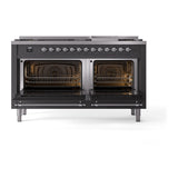 ILVE 60-Inch Nostalgie II Propane Gas Dual Fuel Range with 9 Burners, Griddle, and Solid Door Oven in Matte Graphite with Chrome Trim (UP60FQNMPMGCLP)