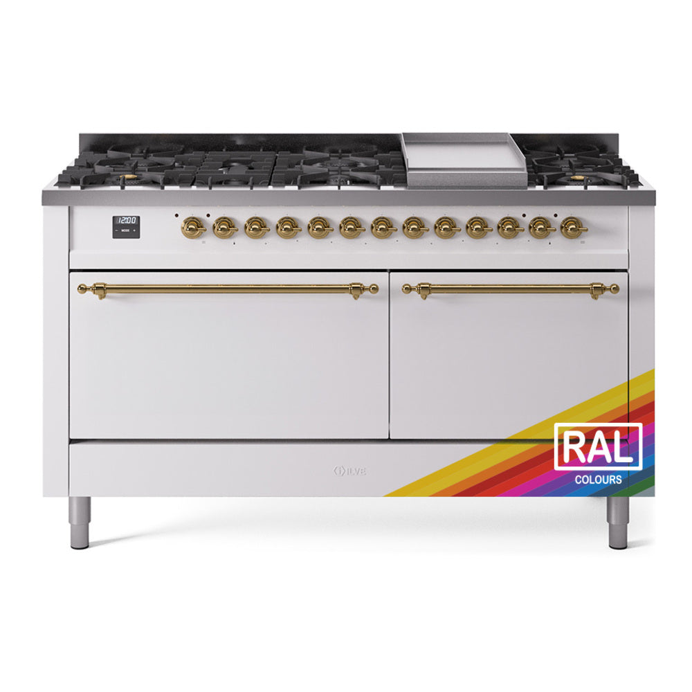 ILVE 60-Inch Nostalgie II Propane Gas Dual Fuel Range with 9 Burners, Griddle, and Solid Door Oven in Custom RAL in Brass Trim (UP60FQNMPRAGLP)