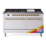 ILVE 60-Inch Nostalgie II Propane Gas Dual Fuel Range with 9 Burners, Griddle, and Solid Door Oven in Custom RAL in Brass Trim (UP60FQNMPRAGLP)