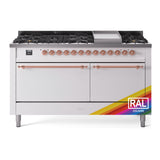 ILVE 60-Inch Nostalgie II Natural Gas Dual Fuel Range with 9 Burners, Griddle, and Solid Door Oven in Custom RAL with Copper Trim (UP60FQNMPRAP)