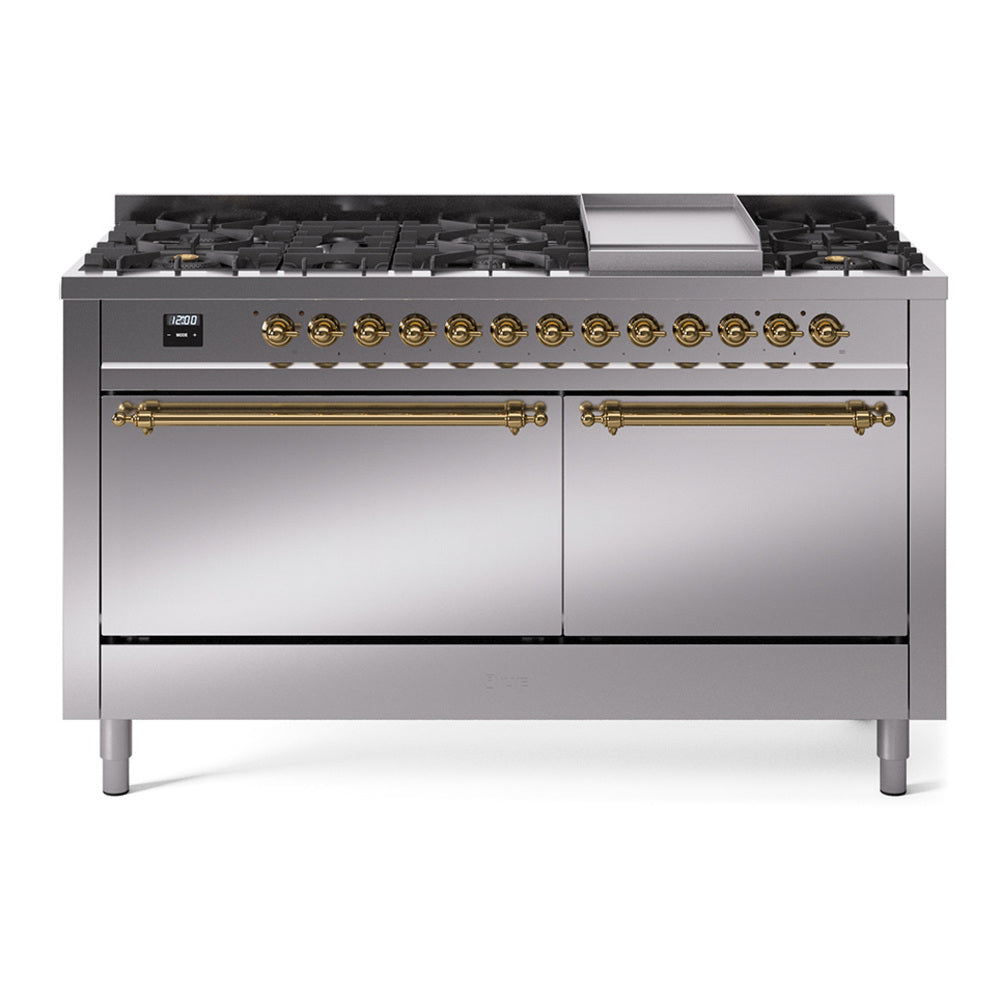 ILVE 60-Inch Nostalgie II Natural Gas Dual Fuel Range with 9 Burners, Griddle, and Solid Door Oven in Stainless Steel with Brass Trim (UP60FQNMPSSG)