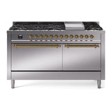 ILVE 60-Inch Nostalgie II Natural Gas Dual Fuel Range with 9 Burners, Griddle, and Solid Door Oven in Stainless Steel with Brass Trim (UP60FQNMPSSG)