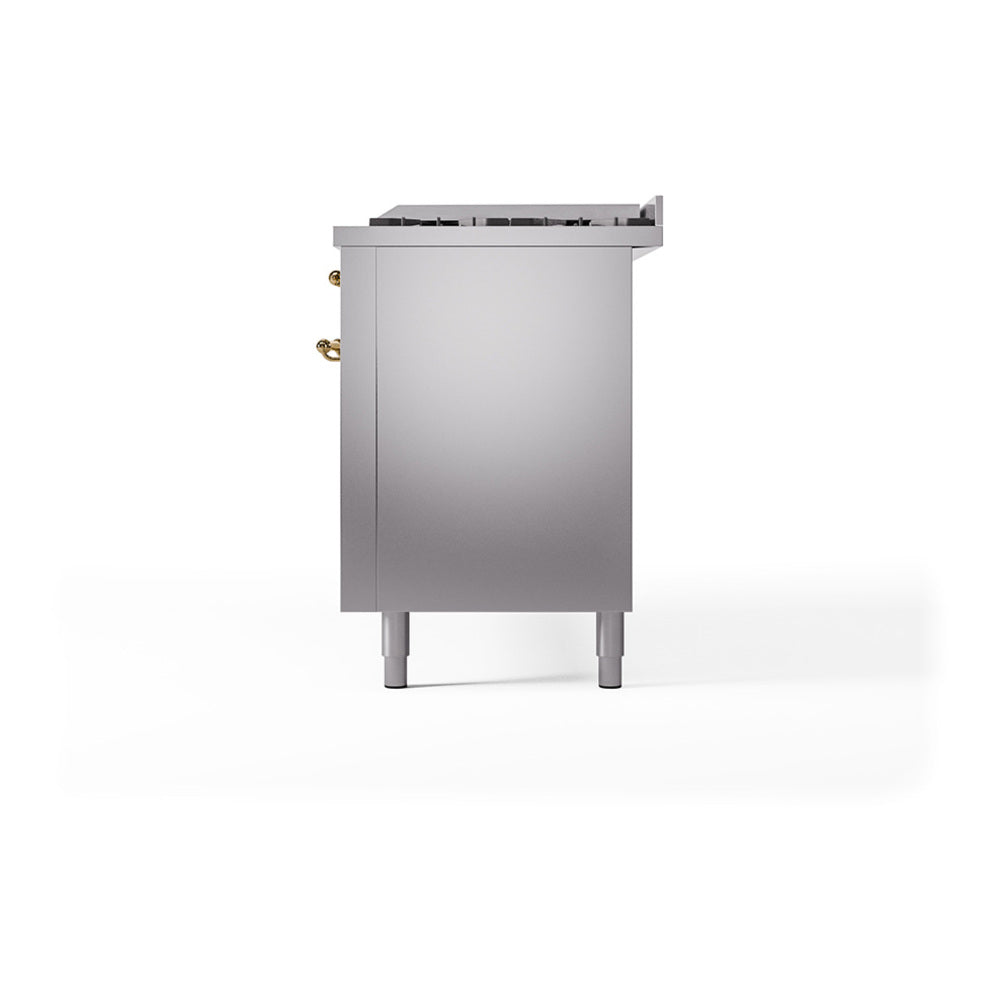 ILVE 60-Inch Nostalgie II Propane Gas Dual Fuel Range with 9 Burners, Griddle, and Solid Door Oven in Stainless Steel with Brass Trim (UP60FQNMPSSGLP)