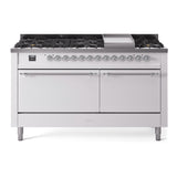 ILVE 60-Inch Nostalgie II Propane Gas Dual Fuel Range with 9 Burners, Griddle, and Solid Door Oven in White with Chrome Trim (UP60FQNMPWHCLP)