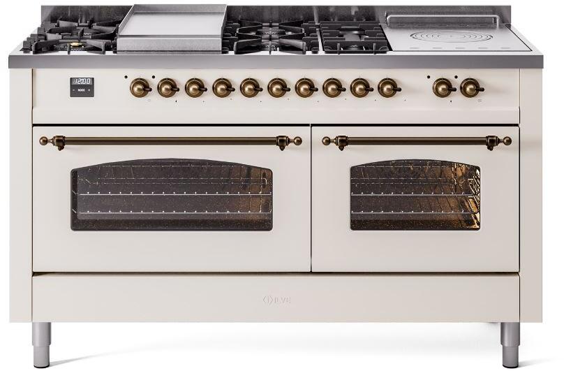 ILVE Nostalgie II 60-Inch Dual Fuel Range with 7 Burners, Griddle, & French Top with Triple Glass Door Oven in Antique White with Bronze Trim (UP60FSNMPAWB)
