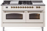 ILVE Nostalgie II 60-Inch Dual Fuel Range with 7 Burners, Griddle, & French Top with Triple Glass Door Oven in Antique White with Bronze Trim (UP60FSNMPAWB)