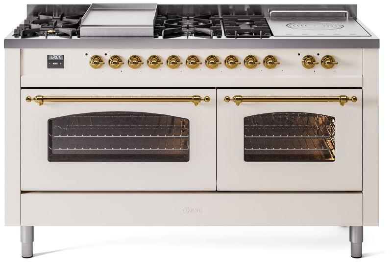 ILVE Nostalgie II 60-Inch Propane Gas Dual Fuel Range with 7 Burners, Griddle, & French Top with Triple Glass Door Oven in Antique White with Brass Trim (UP60FSNMPAWGLP)