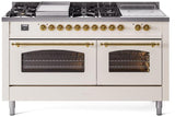 ILVE Nostalgie II 60-Inch Propane Gas Dual Fuel Range with 7 Burners, Griddle, & French Top with Triple Glass Door Oven in Antique White with Brass Trim (UP60FSNMPAWGLP)
