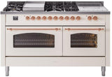 ILVE Nostalgie II 60-Inch Natural Gas Dual Fuel Range with 7 Burners, Griddle, & French Top with Triple Glass Door Oven in Antique White with Copper Trim (UP60FSNMPAWP)