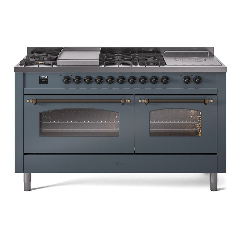 ILVE Nostalgie II 60-Inch Propane Gas Dual Fuel Range with 7 Burners, Griddle, & French Top with Triple Glass Door Oven in Blue Grey with Bronze Trim (UP60FSNMPBGBLP)