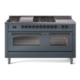 ILVE Nostalgie II 60-Inch Propane Gas Dual Fuel Range with 7 Burners, Griddle, & French Top with Triple Glass Door Oven in Blue Grey with Bronze Trim (UP60FSNMPBGBLP)