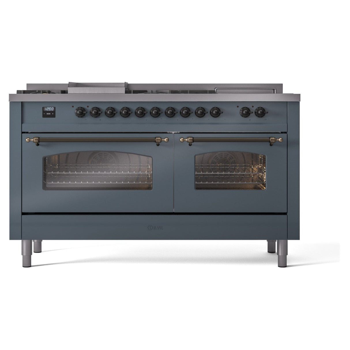ILVE Nostalgie II 60-Inch Propane Gas Dual Fuel Range with 7 Burners, Griddle, & French Top with Triple Glass Door Oven in Blue Grey with Bronze Trim (UP60FSNMPBGBLP)