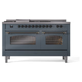 ILVE Nostalgie II 60-Inch Propane Gas Dual Fuel Range with 7 Burners, Griddle, & French Top with Triple Glass Door Oven in Blue Grey with Bronze Trim (UP60FSNMPBGBLP)