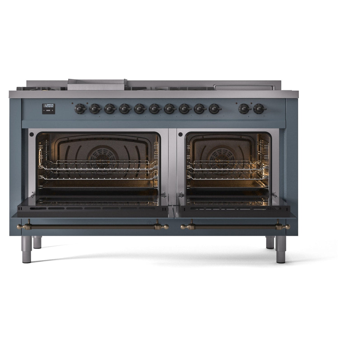 ILVE Nostalgie II 60-Inch Propane Gas Dual Fuel Range with 7 Burners, Griddle, & French Top with Triple Glass Door Oven in Blue Grey with Bronze Trim (UP60FSNMPBGBLP)