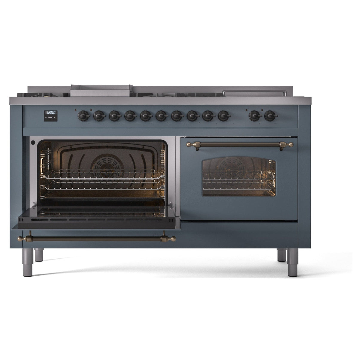 ILVE Nostalgie II 60-Inch Propane Gas Dual Fuel Range with 7 Burners, Griddle, & French Top with Triple Glass Door Oven in Blue Grey with Bronze Trim (UP60FSNMPBGBLP)