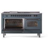 ILVE Nostalgie II 60-Inch Propane Gas Dual Fuel Range with 7 Burners, Griddle, & French Top with Triple Glass Door Oven in Blue Grey with Bronze Trim (UP60FSNMPBGBLP)